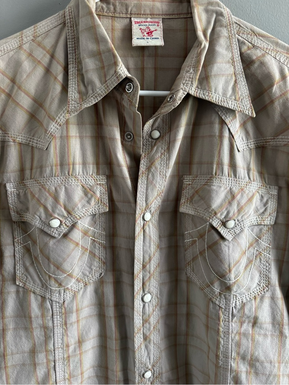 True Religion Plaid Button-Up Shirt in Beige and Light Brown - Picture 2 of 4